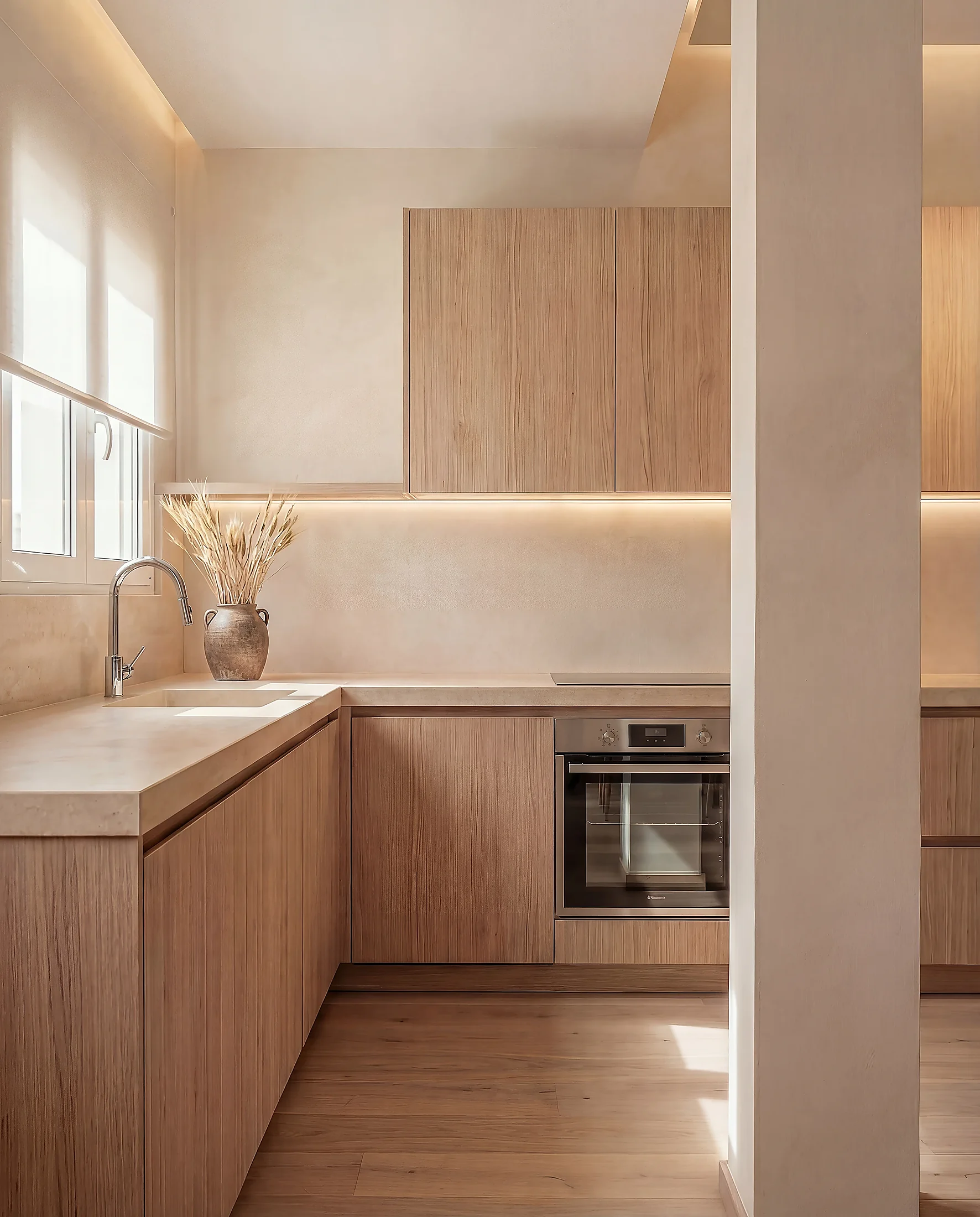 Modern kitchen renovation in A Coruña. Light oak cabinets and custom storage by Puntoreforma